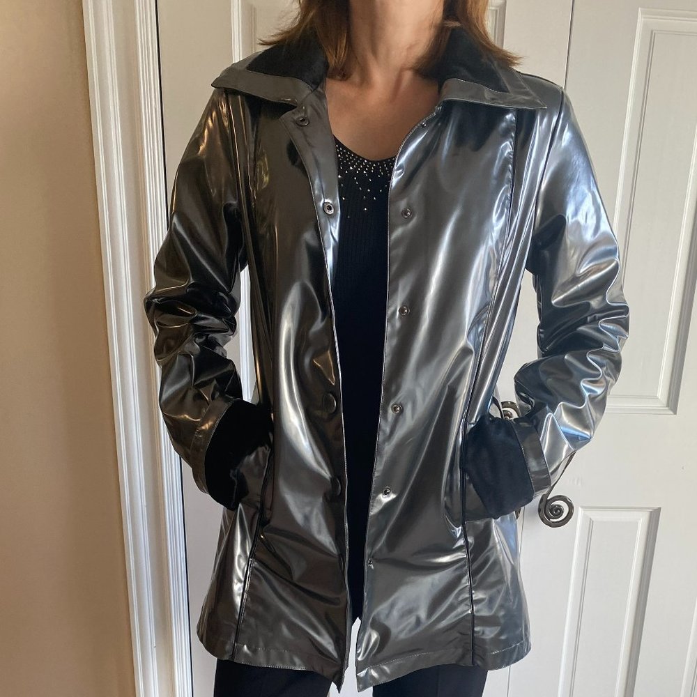 Dennis Basso Metallic Grey Trench Coat Size XS